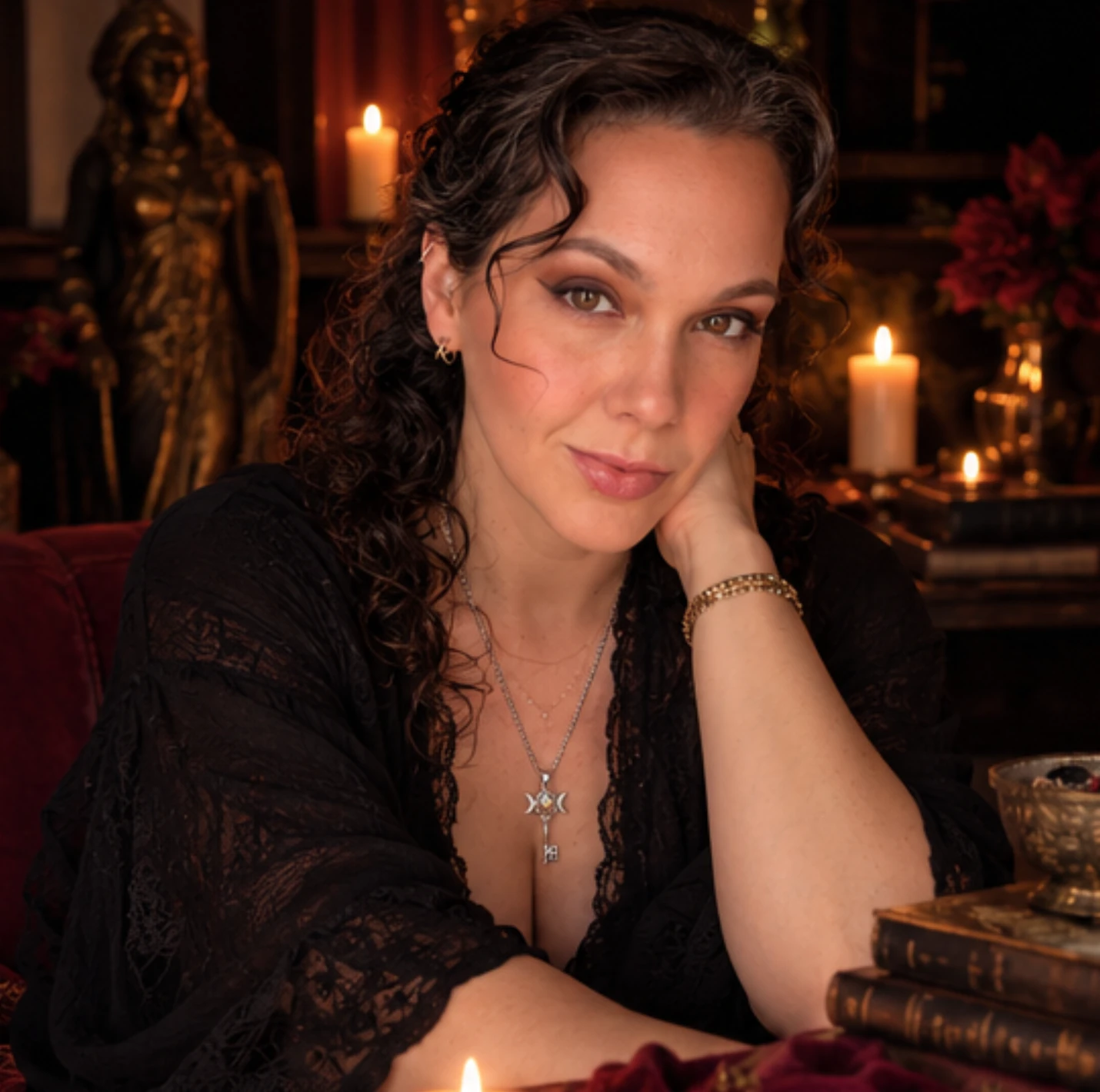 Casey Hateley in a candlelit Sovereign Goddess setting